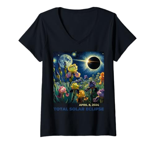 Damen Totale Sonnenfinsternis 2024 Vincent van Gogh Kunst iris T-Shirt mit V-Ausschnitt Damen Totale Sonnenfinsternis 2024 Vincent van Gogh Kunst iris T-Shirt mit V-Ausschnitt von Totale Sonnenfinsternis 2024 van Gogh Art Irises