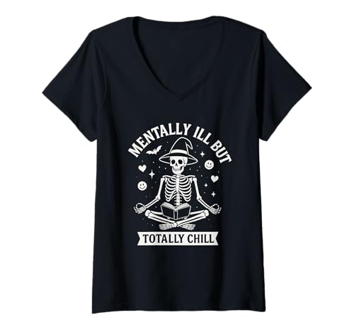 Damen Mentally Ill But Totally Chill Funny Yoga Skelett Hexe T-Shirt mit V-Ausschnitt Damen Mentally Ill But Totally Chill Funny Yoga Skelett Hexe T-Shirt mit V-Ausschnitt von Totally Chill Bone Vibes Apparel