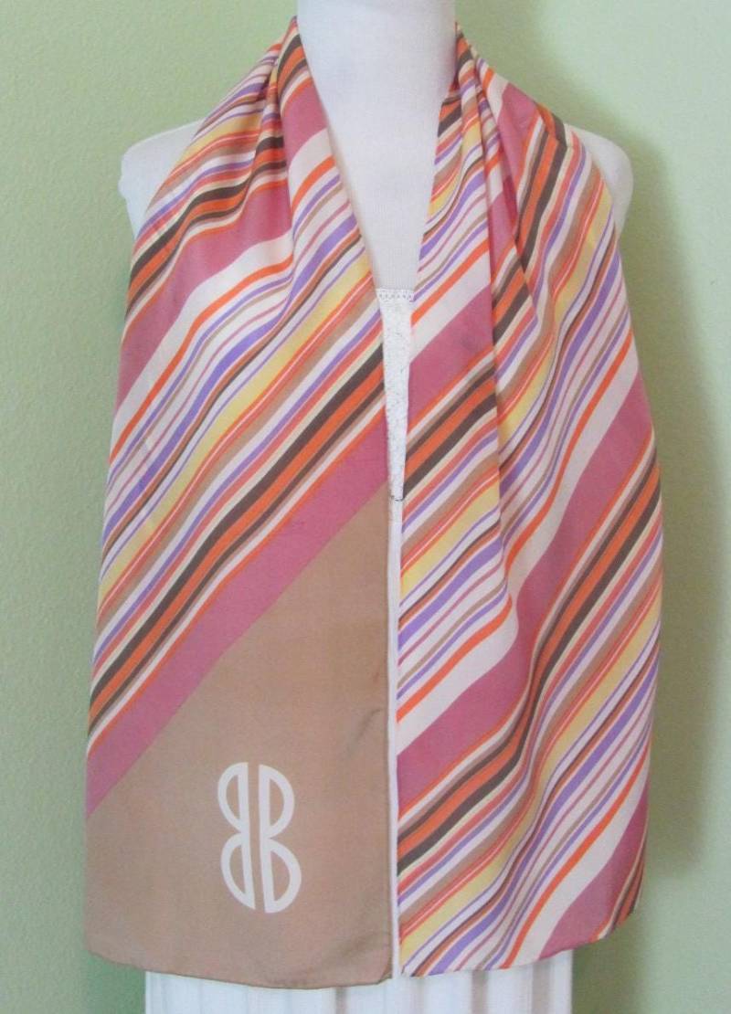 Bill Blass // Schöner Beige Rosa Streifen Gestreifter Seidenschal 13 "x 58" Lang Vintage Designer Schals Signiert von TotallyScarves