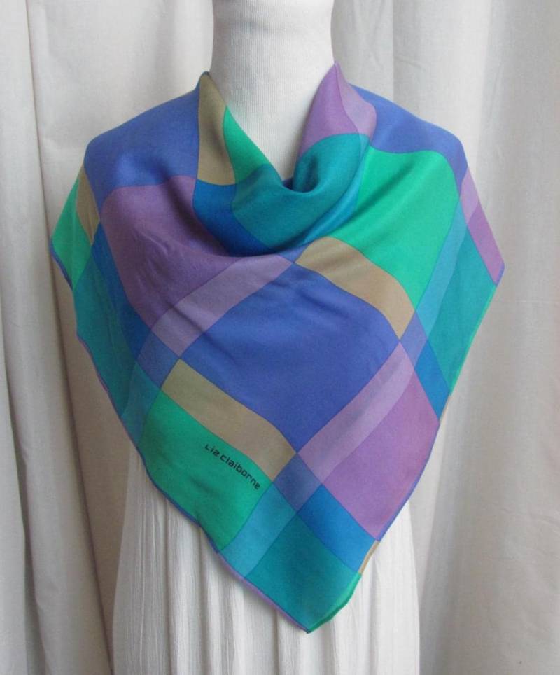 Liz Claidose // Schöner Blau Lila Grün Karierter Seidenschal 76 cm Im Quadrat Designer Signierte Seidenschals von TotallyScarves