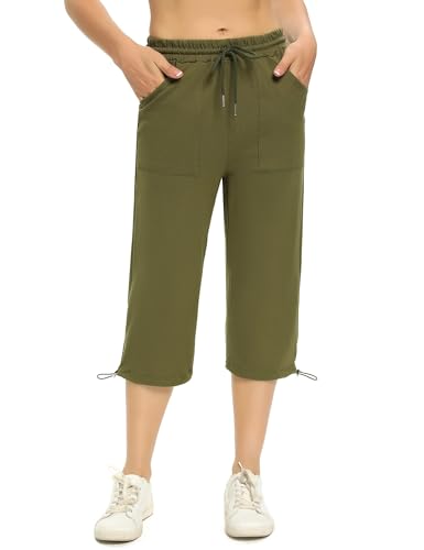 Totatuit 100% Baumwolle Caprihose Damen 3/4 Jogginghose Sommer Kurz Sweathose Freizeit Hose mit Tasche Armeegrün S von Totatuit