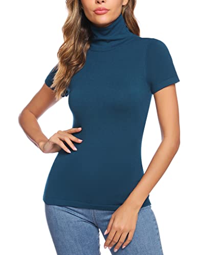 Totatuit Basic T-Shirt Damen Rollkragenshirt Kurzarm Stehkragen Top Elegant Rollishirt Slim Fit Oberteile Blau M von Totatuit