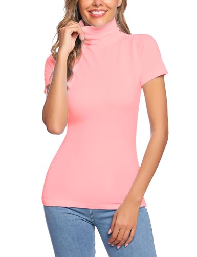 Totatuit Basic T-Shirt Damen Rollkragenshirt Kurzarm Stehkragen Top Elegant Rollishirt Slim Fit Oberteile Rosa M von Totatuit