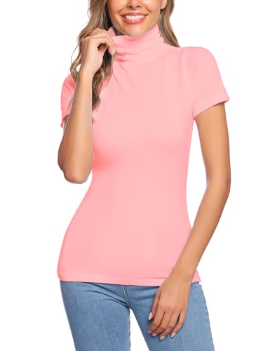 Totatuit Basic T-Shirt Damen Rollkragenshirt Kurzarm Stehkragen Top Elegant Rollishirt Slim Fit Oberteile Rosa XXL von Totatuit