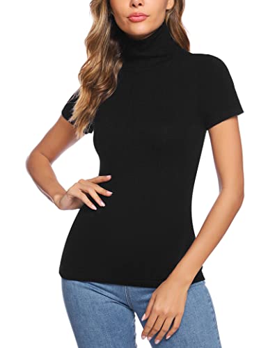 Totatuit Basic T-Shirt Damen Rollkragenshirt Kurzarm Stehkragen Top Elegant Rollishirt Slim Fit Oberteile Schwarz XXL von Totatuit