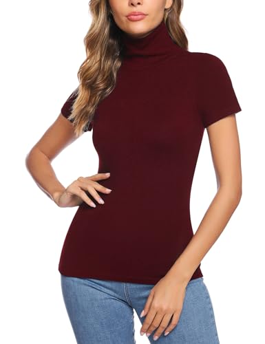 Totatuit Basic T-Shirt Damen Rollkragenshirt Kurzarm Stehkragen Top Elegant Rollishirt Slim Fit Oberteile Weinrot M von Totatuit