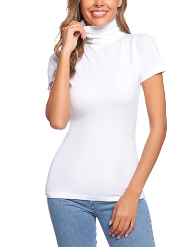 Totatuit Basic T-Shirt Damen Rollkragenshirt Kurzarm Stehkragen Top Elegant Rollishirt Slim Fit Oberteile Weiß L von Totatuit