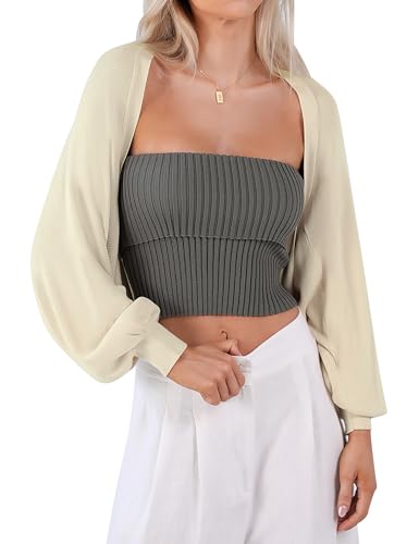 Totatuit Bolero Damen Festlich Kurz Strickjacke Elegant Cardigan Open Front Shrugs Langarm Leichte Jäckchen Boleros Strick Bolerojacke Schulterjacke für Kleider Casual Einfabig Aprikose XL von Totatuit