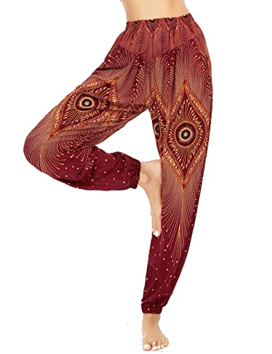 Totatuit Damen Hippie Hose Sommerhose Pumphose Haremshose Boho Freizeithose Gemustert Gesmockte Taille mit Taschen Yogahose PAT3 XXL von Totatuit