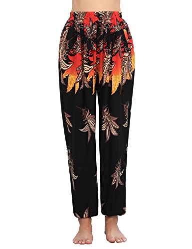 Totatuit Damen Hippie Hose Sommerhose Pumphose Haremshose Boho Freizeithose Gemustert Gesmockte Taille mit Taschen Yogahose PAT4 XXL von Totatuit