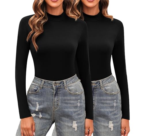 Totatuit Damen 2 Pack Langarmshirt Set Rollkragen Pullover Slim Fit Oberteile Warm Basic Tops für Herbst Winter von Totatuit