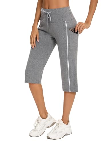 Totatuit Damen 3/4 Jogginghose Sommer Yoga Trainingshose Baumwolle Sporthose für Sport und Freizeit Fitness Activewear Leggings Sport & Outdoor Hosen mit Tasche von Totatuit