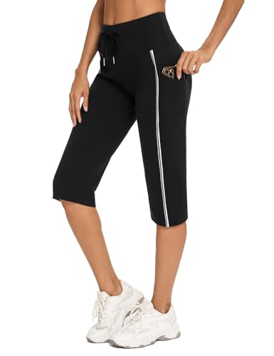 Totatuit Damen 3/4 Jogginghose Sommer Yoga Trainingshose Baumwolle Sporthose für Sport und Freizeit Fitness Activewear Leggings Sport & Outdoor Hosen mit Tasche von Totatuit