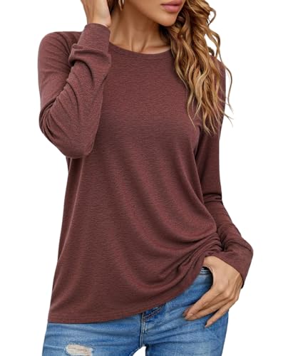 Totatuit Damen Basic Langarmshirt Weiches Longsleeve Rundhals Oberteile Figurfreundlich Lässig Tshirt Damen Langarm für Freizeit Urlaub Weinrot S von Totatuit