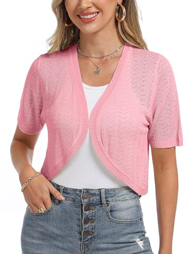 Totatuit Damen Bolero Festliche Kurze Elegante Strickjacke Baumwolle Leicht Kurzarm Sommerjacke für Party und Hochzeit Rosa S von Totatuit