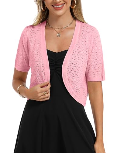 Totatuit Damen Bolero Festliche Kurze Elegante Strickjacke Baumwolle Leicht Kurzarm Sommerjacke für Party und Hochzeit Rosa XL von Totatuit