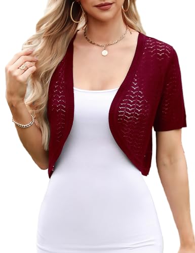 Totatuit Damen Bolero Festliche Kurze Elegante Strickjacke Baumwolle Leicht Kurzarm Sommerjacke für Party und Hochzeit Weinrot XL von Totatuit