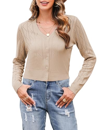 Totatuit Damen Bolerojacke Strick Kurz Elegant Langarm Cardigan mit Muster Leicht Weich für Abendmode Hochzeit Büro Frühling Sommer Khaki XL von Totatuit