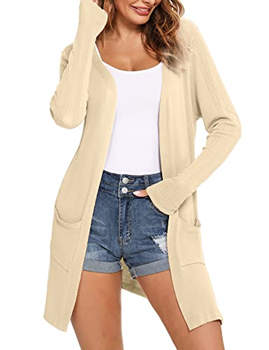 Totatuit Damen Leichte Offene Strickjacke Casual Langarm Lose Dünne Cardigan Dehnbar mit Taschen Aprikose L von Totatuit