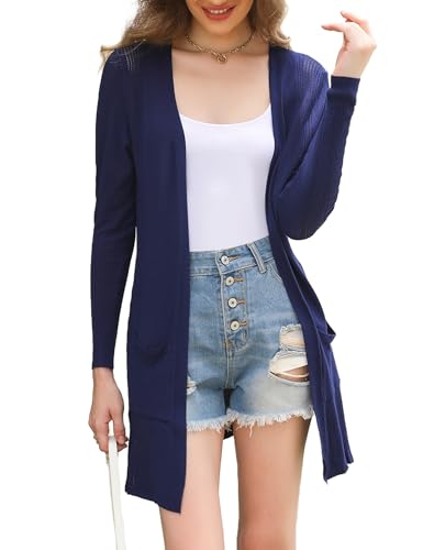 Totatuit Damen Leichte Offene Strickjacke Casual Langarm Lose Dünne Cardigan Dehnbar mit Taschen Marineblau L von Totatuit