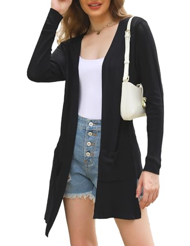 Totatuit Damen Leichte Offene Strickjacke Casual Langarm Lose Dünne Cardigan Dehnbar mit Taschen Schwarz S von Totatuit