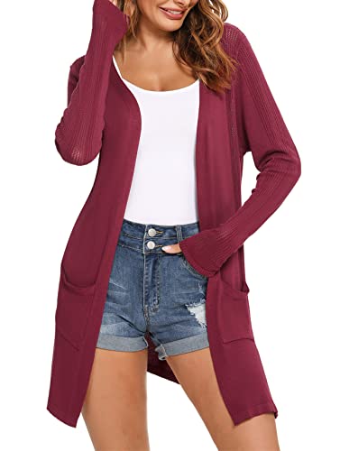 Totatuit Damen Leichte Offene Strickjacke Casual Langarm Lose Dünne Cardigan Dehnbar mit Taschen Weinrot L von Totatuit