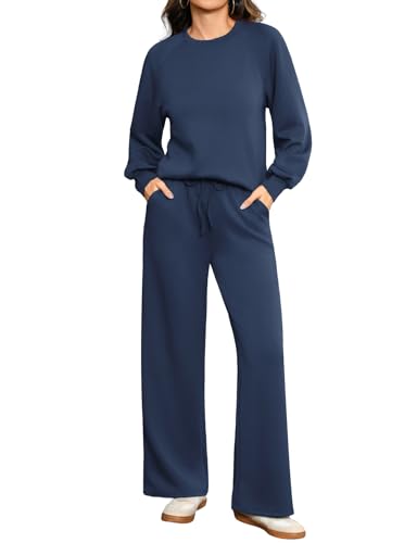 Totatuit Damen Jogginganzug Rundhals Langarm Oberteil und weite Hose Eleganter Zweiteiler Hausanzug Trainingsanzug Set Marineblau XXL von Totatuit