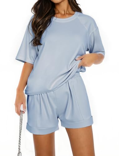 Totatuit Damen Jogginganzug Zweiteiler Elegant Kurzarm Trainingsanzug Set Sommer Tracksuit Loungewear Einfarbig mit Rundhalsausschnitt Hausanzug Sport Outfit von Totatuit