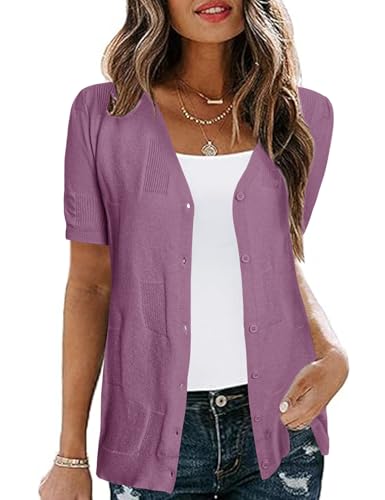 Totatuit Damen Kurzarm Strickjacke Sommer V-Ausschnitt Knopfleiste Cardigan Lila M von Totatuit