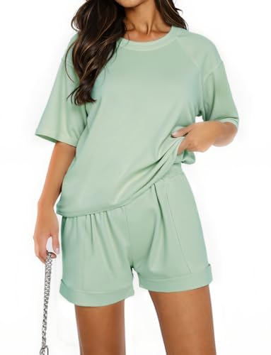 Totatuit Trainingsanzug Damen Fashion Zweiteiler Elegant Sommer Hausanzug Kurzarm T-Shirt + Komfort Shorts von Totatuit