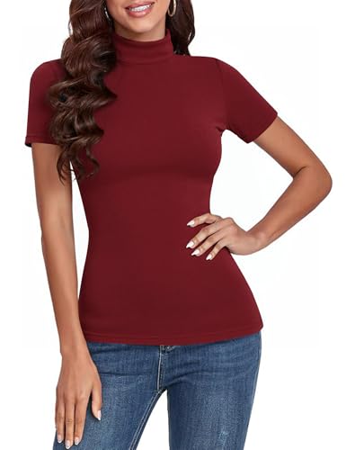Totatuit Damen Kurzarmpullover mit Stehkragen Rollkragenshirt Kurzarm Pullover Kurzarm Turtleneck Shirt Baumwolle Unterziehrolli für Alltag Weinrot XXL von Totatuit