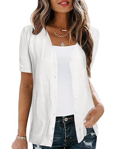Totatuit Damen Lässig V-Ausschnitt Strickjacke Sommer Kurzarm Cardigan mit Knopf Weiß M von Totatuit