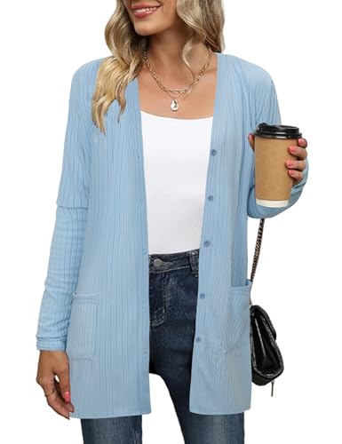 Totatuit Damen Langarm Strickjacke Lang Leicht Cardigan Casual Strickmantel mit Taschen Blau M von Totatuit