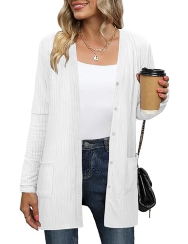 Totatuit Damen Lange Ärmel Gestrickt Strickjacke mit Taschen Leicht Gemütlich Offene Vorderseite Lange Freizeitjacke Weiß M von Totatuit