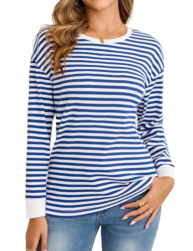 Totatuit Damen Langarmshirt Gestreifter Rundhals T-Shirt Longsleeve Shirt Basic Lässige Gerippt Oberteile Sweatshirt für Herbst Pullover Langarm Tops Blau L von Totatuit