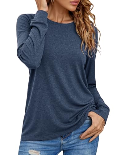 Totatuit Damen Langarmshirt Lockeres Basic Oberteile Weiches Rundhals Longsleeve Tshirt Damen Langarm für Frühling Herbst Winter Looks Marineblau L von Totatuit