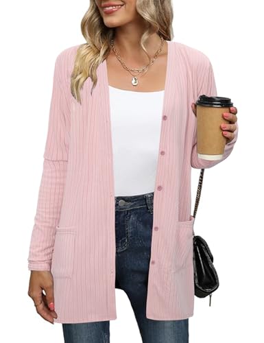 Totatuit Damen Lange Ärmel Gestrickt Strickjacke mit Taschen Leicht Gemütlich Offene Vorderseite Lange Freizeitjacke Rosa M von Totatuit