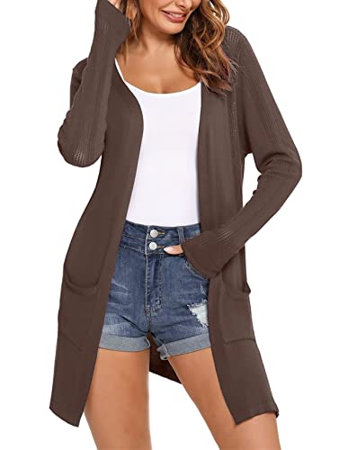 Totatuit Damen Leichte Offene Strickjacke Casual Langarm Lose Dünne Cardigan Dehnbar mit Taschen Kaffee S von Totatuit