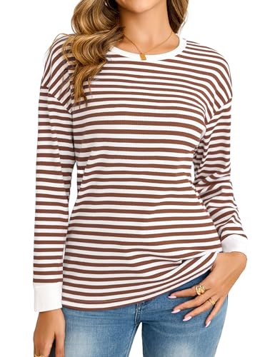Totatuit Damen Pullover Gestreiftes Sweatshirt Damen Langarmshirt Rundhals Baumwolle Oberteile Baumwolle Casual Herbst Stricken Pulli Braun M von Totatuit