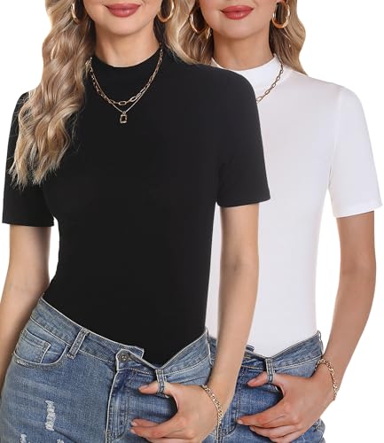 Totatuit Damen Rollkragen Pullover Kurzarm Eng Strick Frühling Sommer Mode Oberteile Bequem und Stretch von Totatuit