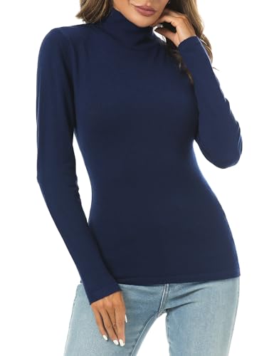 Totatuit Damen Shirt Langarm Rollkragenpulli Basic Oberteile Button Casual Pullover Einfarbig Langarmshirt Navy blau 418 XL von Totatuit