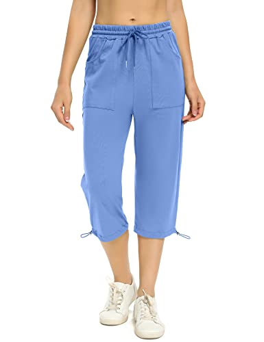 Totatuit Damen Sommer Caprihose Jogginghose 3/4 Baumwolle Sommerhose Yoga Fitness Activewear mit Tasche für Sport und Freizeit Blau L von Totatuit