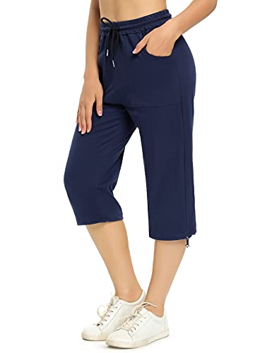 Totatuit Damen Sommer Caprihose Jogginghose 3/4 Baumwolle Sommerhose Yoga Fitness Activewear mit Tasche für Sport und Freizeit Navy blau L von Totatuit