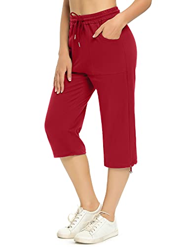 Totatuit Damen Sommer Caprihose Jogginghose 3/4 Baumwolle Sommerhose Yoga Fitness Activewear mit Tasche für Sport und Freizeit Rotwein S von Totatuit