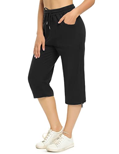 Totatuit Damen Sommer Caprihose Jogginghose 3/4 Baumwolle Sommerhose Yoga Fitness Activewear mit Tasche für Sport und Freizeit Schwarz L von Totatuit