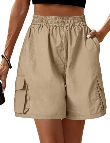 Totatuit Damen Sommer Shorts Kurze Cargo Shorts leicht wasserdicht und schnell trocknend mit Stretch hoher Taille und praktischen Taschen für Wandern Freizeit Khaki S von Totatuit