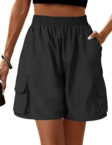 Totatuit Damen Sommer Shorts Kurze Cargo Shorts leicht wasserdicht und schnell trocknend mit Stretch hoher Taille und praktischen Taschen für Wandern Freizeit Schwarz S von Totatuit