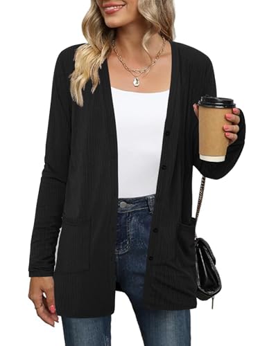 Totatuit Damen Strickjacke Cardigan Lang V-Ausschnitt Elegante locker lässig leichtes Knopfleiste Dünn Strickmantel mit Taschen Schwarz XXL Totatuit Damen Strickjacke Cardigan Lang V-Ausschnitt Elegante locker lässig leichtes Knopfleiste Dünn Strickmantel mit Taschen Schwarz XXL von Totatuit