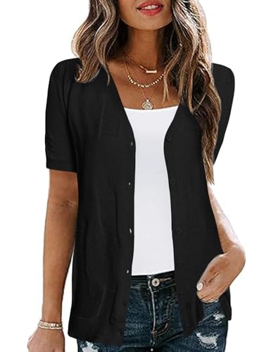 Totatuit Damen Strickjacke Elegant Sommer Kurzarm V-Ausschnitt Cardigan mit Knöpfen Schwarz M von Totatuit