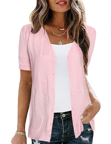 Totatuit Damen Strickjacke Elegante V-Ausschnitt Cutout Leichte Atmungsaktiv Open Front Sommer Kurzarm Cardigans Rosa L von Totatuit